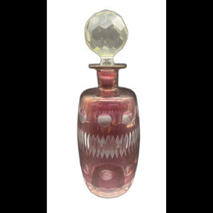 VTG Bohemian Czech Cut Glass Crystal Cranberry Decanter w/Faceted Stopper 10.25”